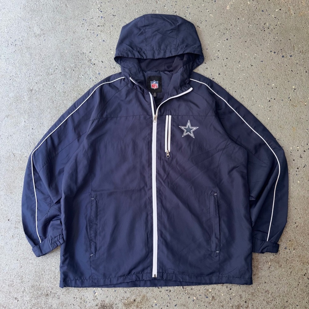 NFL Dallas Cowboys Mens Large Navy Blue Full Zip Hooded Windbreaker Jacket